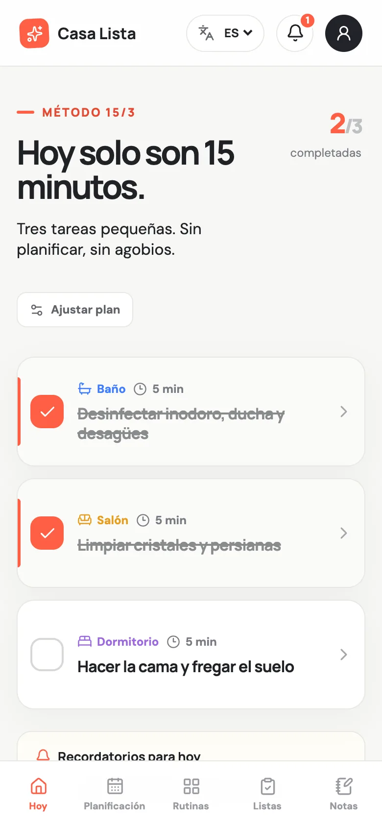 Pantalla Hoy de Casa Lista con tres tareas del día