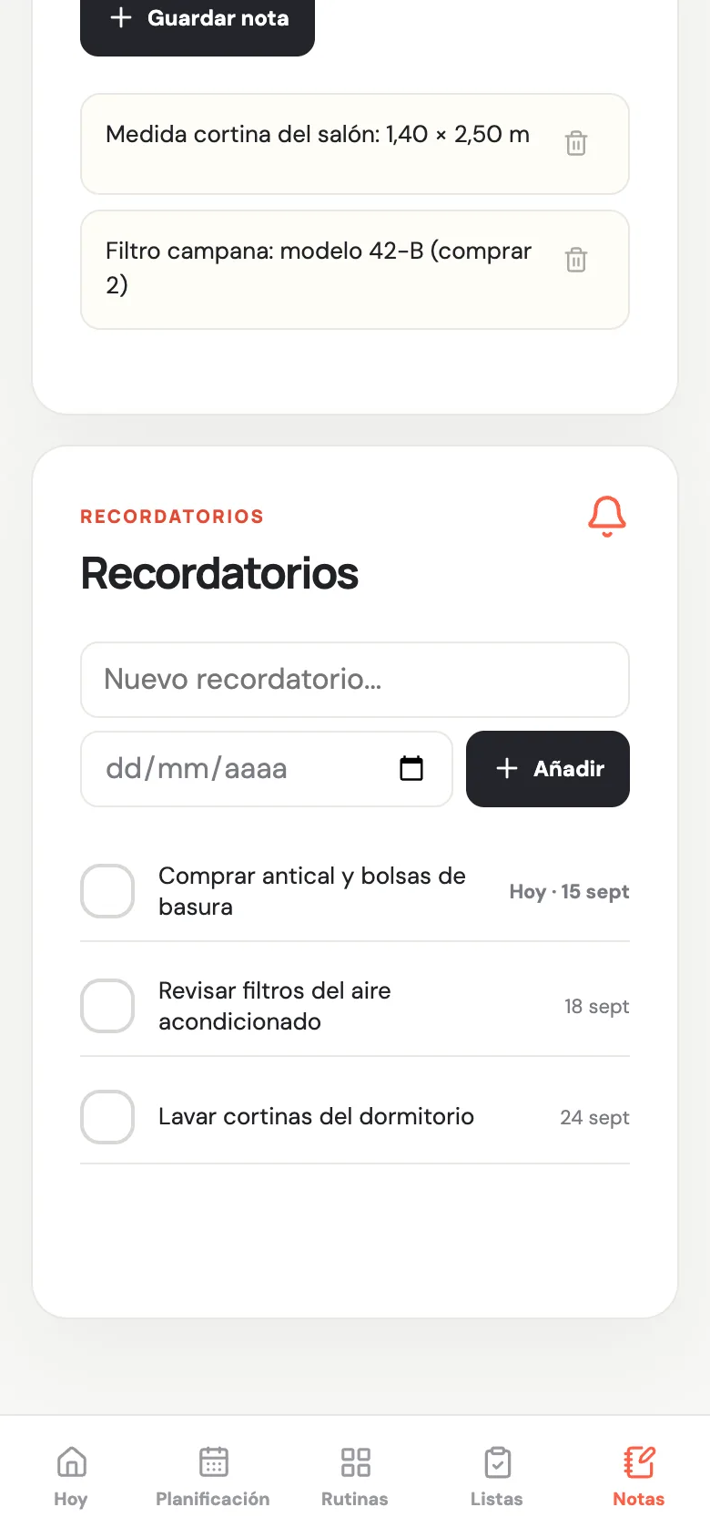 Notas y recordatorios con fecha en Casa Lista