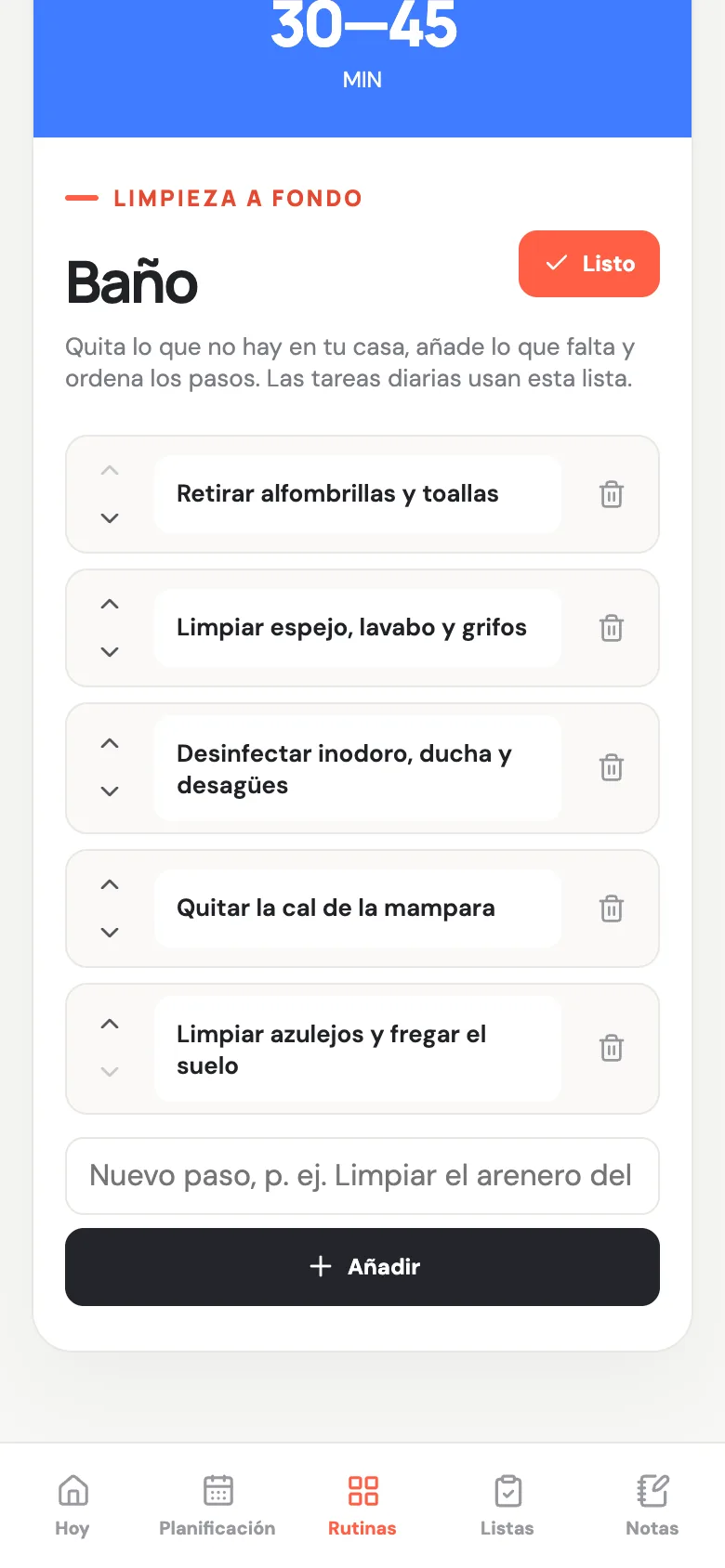 Edición de la rutina del baño en Casa Lista