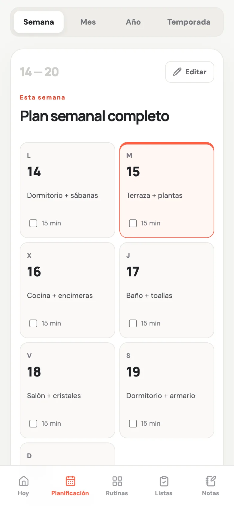 Plan semanal completo en Casa Lista