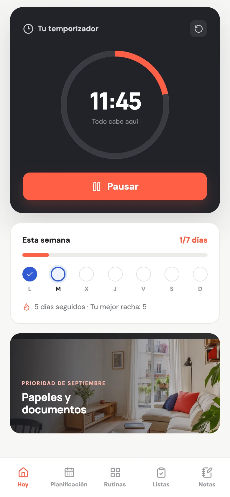 Temporizador de 15 minutos y progreso de la semana en Casa Lista